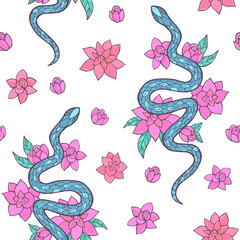 Seamless vector pattern of snakes and flowers. Background for greeting card, website, printing on fabric, gift wrap, postcard and wallpapers. 