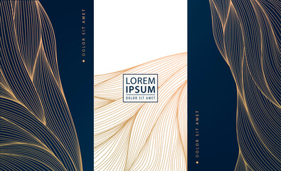 Set of vector collection design elements: labels, frames, wedding invitations, social net stories, packaging, luxury products, perfume, soap, wine, lotion. Wavy line golden backgrounds, patterns.