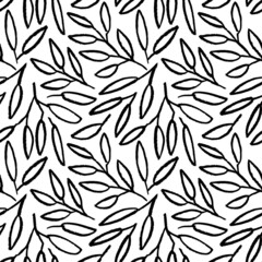Linear branches with leaves seamless pattern. Hand drawn vector botanical ornament. Delicate subtle botanical background. Black and white leaf elements. Floral stylish graphic background.