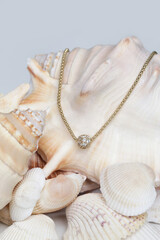 Necklase product shot. Gold necklace with round pendant on marine shell background. Jewelry fashion photography.