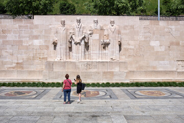 Sculptures of four Calvinism's main proponents at center of Refomation Wall, Parc Des Bastions,...