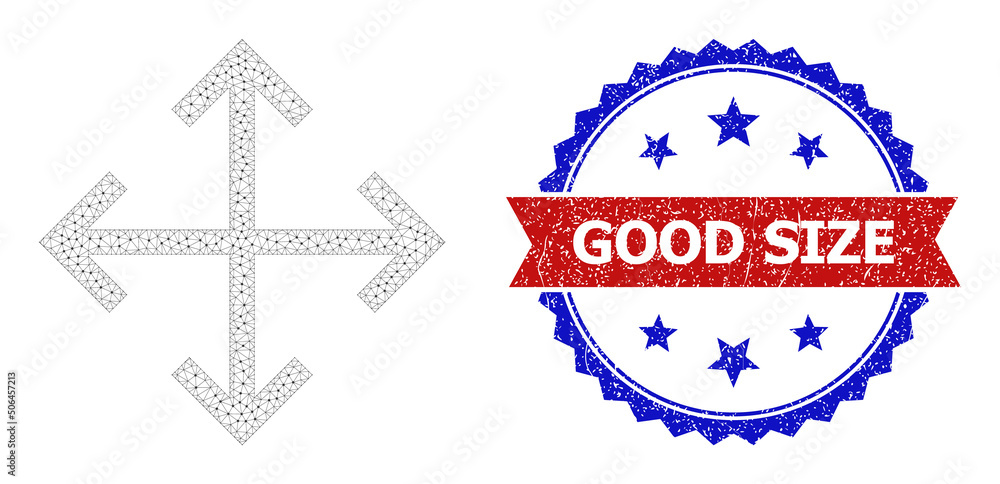 Poster triangular expand arrows wireframe icon, and bicolor grunge good size seal. mesh wireframe symbol ba