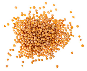 Mustard seeds isolated on white background. Pile of dry mustard grains. Top view.