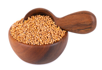 Mustard seeds in wooden bowl and spoon, isolated on white background. Pile of dry mustard grains.