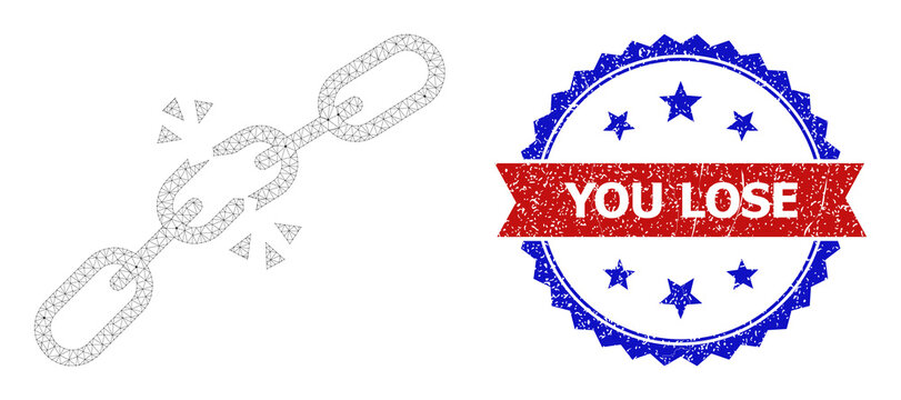 Triangular broken chain carcass illustration, and bicolor scratched You Lose seal. Polygonal carcass symbol created from broken chain icon.