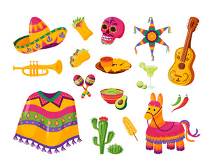 Mexico icons carnival holidays vector party festival symbols and travel design elements illustration. Mexican food and other sign.
