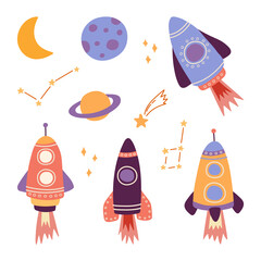 Set of cartoon spaceships isolated on white background. Hand drawn vector illustration