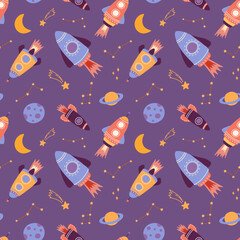 Seamless pattern with cute spaceships and rockets. Creative childish texture for fabric, wrapping, textile, wallpaper, apparel.