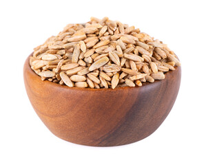 Rye grains isolated on white background. Pile of rye malt seeds in wooden bowl. Dry grains of winter rye.