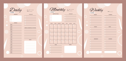Set of Daily Weekly Monthly planner printable template Vector. Blank printable vertical notebook page