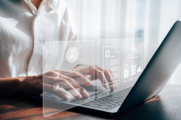 Businessmen protecting personal data on laptop and virtual interfaces, user typing login and password, cyber security concept.