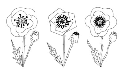 Floral design elements. Stylized poppies black and white with a line drawing. Graphic fantasy flower set