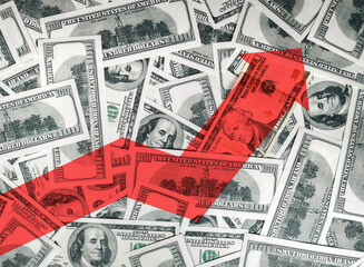 A large red arrow on the background of money shows the direction to the up. The concept of changing...