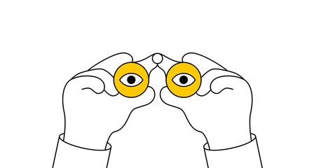 Hands hold binoculars. Cartoon hands with binoculars with eyes. Vector cartoon outline illustration 
