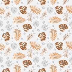 Wallpaper with a seamless pattern of tropical dark green palm leaves and flowers on a grey background