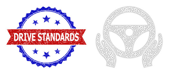 Triangular car drive framework icon, and bicolor grunge Drive Standards stamp. Mesh carcass image designed with car drive icon.