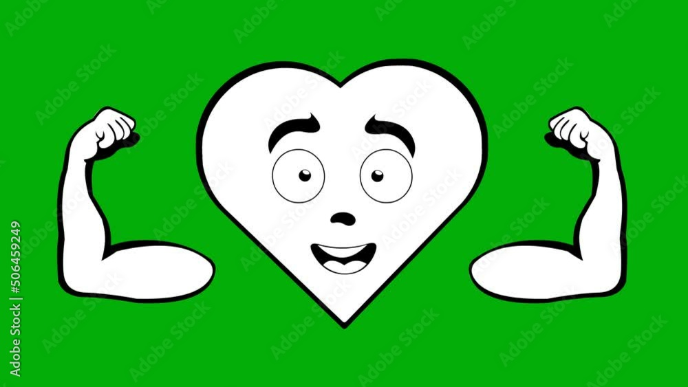 Poster loop animation of a cartoon heart character flexing its arms and contracting its biceps, drawn in bl