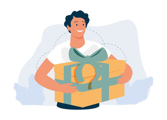 Cute cartoon surprised man holding a present box. A gift, bonus, reward, loyalty program. Thin line vector illustration