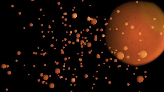 Orange color water drops fly in super slow motion in outer space. 4K. 3D. Isolated black background. Spatial image for scientific conference.