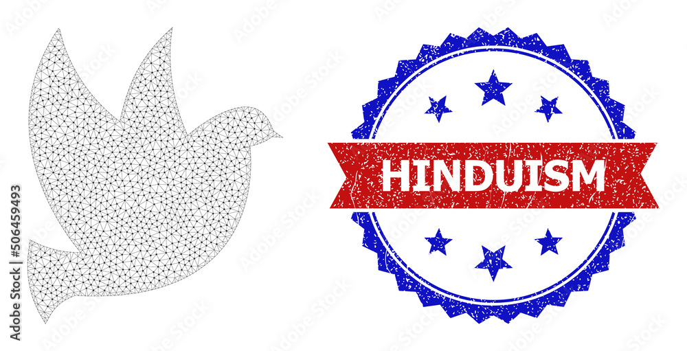 Poster net flying dove framework icon, and bicolor textured hinduism seal. mesh wireframe illustration is d