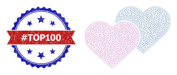 Net love hearts frame icon, and bicolor scratched #Top100 watermark. Mesh carcass illustration is based on love hearts icon. Vector watermark with #Top100 title inside red ribbon and blue rosette,