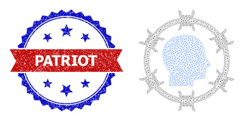 Network citizen jail model illustration, and bicolor grunge Patriot stamp. Polygonal wireframe illustration is designed with citizen jail icon.