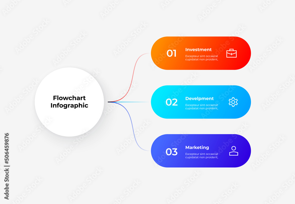Poster White circle with colorful lines on the side. Abstract flowchart infographic with 3 options.