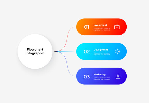 White circle with colorful lines on the side. Abstract flowchart infographic with 3 options.