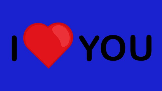 Animation of the text I love you with a heart, on a blue chroma key background