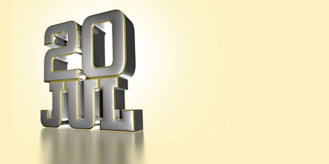 JULY 20 th.Day 20 of July month stainless steel gold rim 3D illustration on light cream color background have work path.Empty space for text.