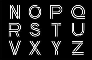 Decorative alphabet, font with capital letters. Modern set for monograms, logos, emblems, initials. Made of white stripes Overlapping with shadows