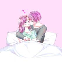 いちゃいちゃする男女　パジャマ