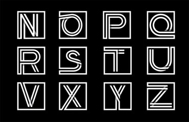 Decorative alphabet, font with capital letters. Modern set for monograms, logos, emblems, initials. Made of white stripes Overlapping with shadows inscribed in a square