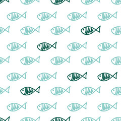 Vector fishes doodles seamless pattern.. Cute hand drawn illustration. Perfect for textile print, baby shower, kids bedroom decor, birthday party, packaging design, wrapping paper