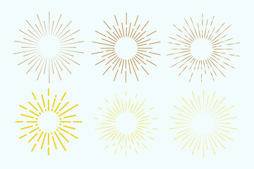 Set of sunburst. Vintage sunburst line icons. Explosion, firework, sparks, star light, rays sunset. Elements for logo, tag, emblem, banner. Vector illustration.