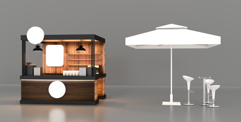 Kiosk stand booth market cart for sell product food drink wood decoration stainless steel construction with blank space logo company. High resolution image white background isolated. 3D Rendering. © adobedesigner