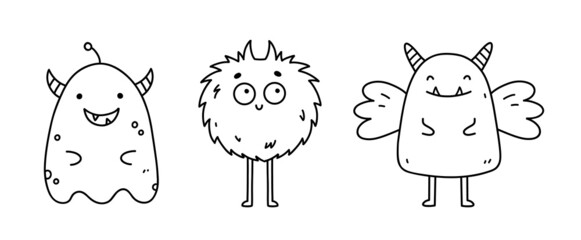Set of cute and funny monsters isolated on white background. Vector hand-drawn illustration in doodle style. Perfect for Halloween designs, cards, logo, decorations. Cartoon characters. © lesyau_art