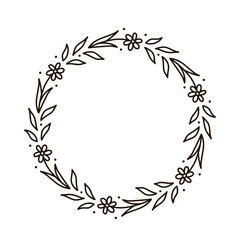 Obraz premium Spring floral wreath isolated on white background. Round frame with flowers. Vector hand-drawn illustration in doodle style. Perfect for cards, invitations, decorations, logo, various designs.
