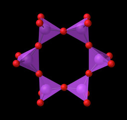 The cyclosilicate anion, Si6O18(-12), includes a crown-shaped ring of six Si atoms (purple) and six O atoms (red).. Cyclosilicates are common in minerals, most notably beryl (Be3Al2Si6O12).