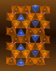 Topaz is a silicate mineral, Al2SiO4F2. The octahedral Al atoms (brown) are bonded to four O atoms (orange) and two F atoms (pink). The Si atoms (blue) form SiO4 tetrahedra.                  