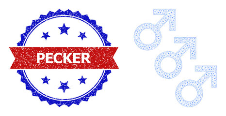 Mesh male cohort carcass icon, and bicolor rubber Pecker stamp. Polygonal carcass image designed with male cohort icon. Vector watermark with Pecker title inside red ribbon and blue rosette,