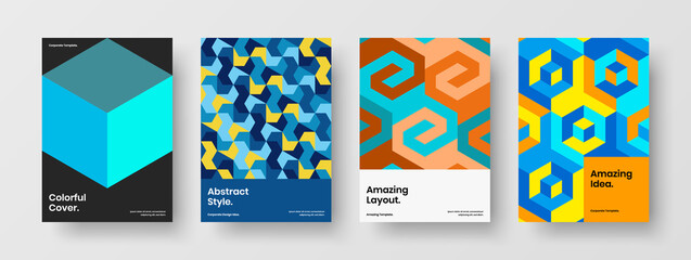 Fototapeta premium Vivid poster A4 vector design illustration bundle. Original mosaic pattern cover layout set.