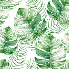 Watercolor seamless pattern tropical jungle green leaves, monstera. Isolated on white background. Hand drawn clipart. Perfect for card, fabric, tags, invitation, printing, wrapping.