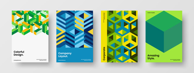 Fototapeta premium Unique cover design vector illustration composition. Bright geometric pattern handbill layout set.