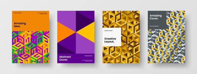 Fototapeta premium Colorful leaflet A4 vector design illustration bundle. Minimalistic geometric tiles front page concept collection.