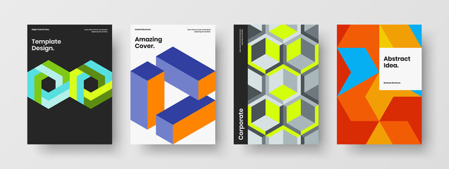 Fototapeta premium Vivid magazine cover vector design concept set. Simple mosaic shapes pamphlet layout composition.