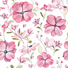 Square seamless floral pattern with watercolor pink flowers and green leaves. Wrapping paper and greeting card background