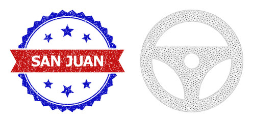 Mesh steering wheel carcass illustration, and bicolor scratched San Juan seal stamp. Mesh carcass symbol created from steering wheel icon.