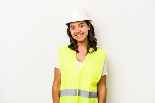 Young Laborer Hispanic Woman Isolated On White Background Happy, Smiling And Cheerful.