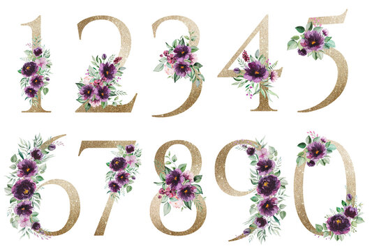 Light golden numbers with watercolor purple roses and green leaves bouquets. Floral alphabet